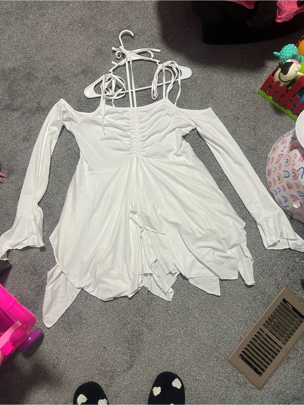White Long Sleeve Cold Shoulder Halter Tie Flowy Fairy Layered Dress